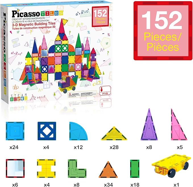PicassoTiles 152PC Magnetic Tiles Mirror Theme Building Blocks Magnet Toys Construction Sensory Toy Set with Car for STEM Educational Playset Kid Brain Development Gifts for Kids Toddler Age3+ PT152