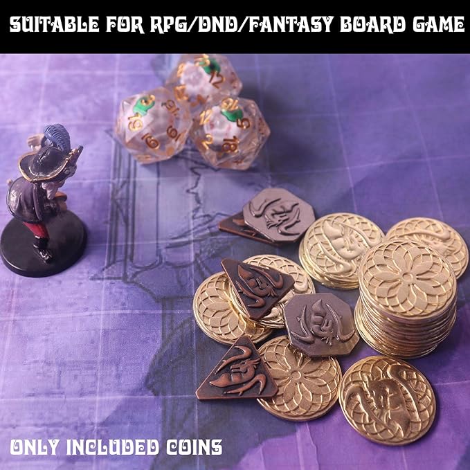 70PCS Metal DND Coins & PU Leather Bag, Contains 30 Gold, 20 Silver & 20 Copper Coins, Fantasy Board Game Tokens with Retro Leather Pouch