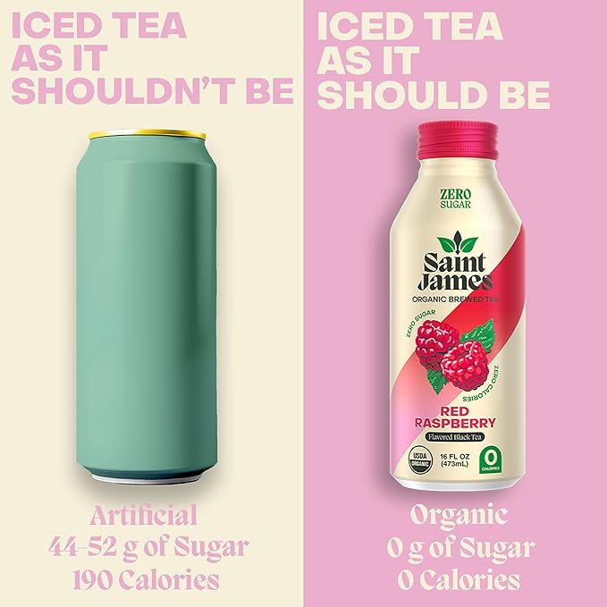 Saint James Iced Tea - Organic Black Tea - Non-GMO, Gluten Free, Zero Calorie, Zero Sugar - Red Raspberry, 12 Pack (16 fl oz each)