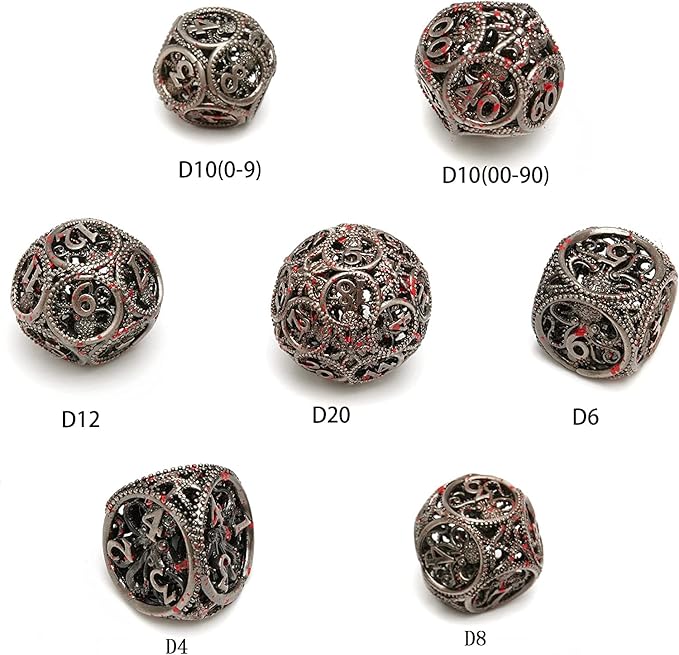 DND Dice,Hollow D&D Metal Dice,Unique Round Ball Design Octopus Dice with Gift Box for Dungeons & Dragon Gaming,7 PCs Steampunk Polyhedral D and D Dic (Ball Octopus Blood Spatter)