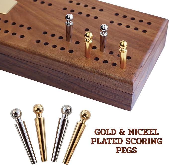 Alex Cramer Le Club' Luxury Domino Set with Handcrafted Walnut Case and Cribbage/Counter Top - Tournament Quality 28 Indestructible (Double 6 Domino Set with Brass Plate)