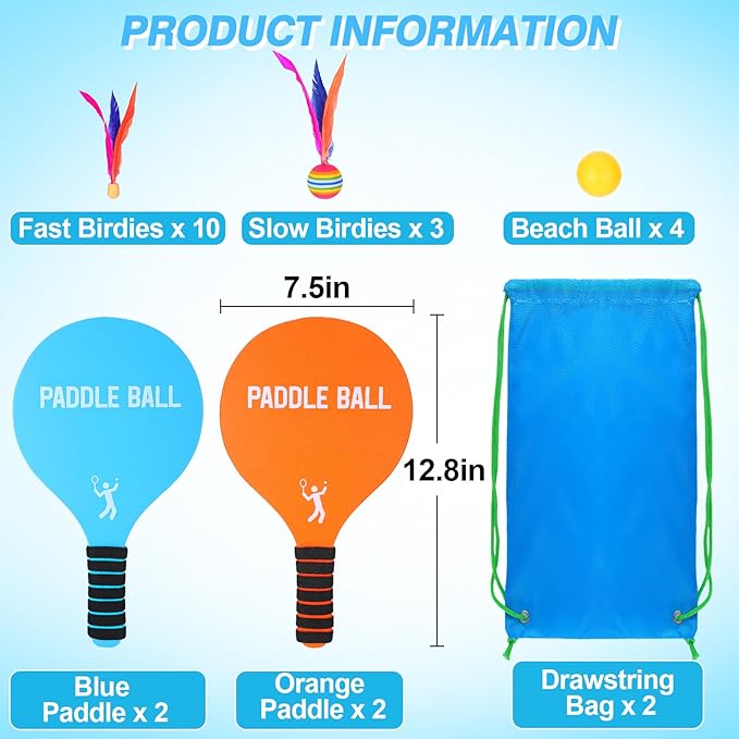 Beach Paddle Ball Set - Funny Paddleball Rackets Game, Outdoor Sports Toys for Kids Adults Family Games Beach Yard Lawn Party Supplies(4 Paddles, 13 Birdies, 4 Balls, 2 Drawstring Bags)