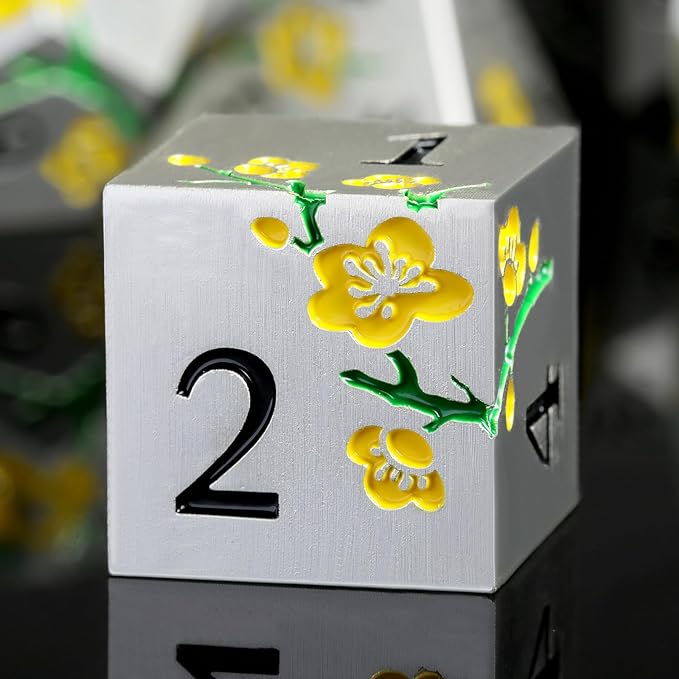 Silver Metal DND Dice, DNDND 7 PCS Heavy Flower Metallic D&D Dice Set with Gorgeous Gift Case for Dungeons and Dragon Tabletop Game (Matte Silver with Yellow Flower)