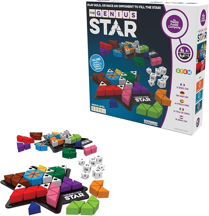 The Genius Star - Toy of The Year Award Winning Family Board Game. 165,888 Possible Puzzles by Filling in Colored Shapes with Blockers to Complete A Star! Golden Star Twist!