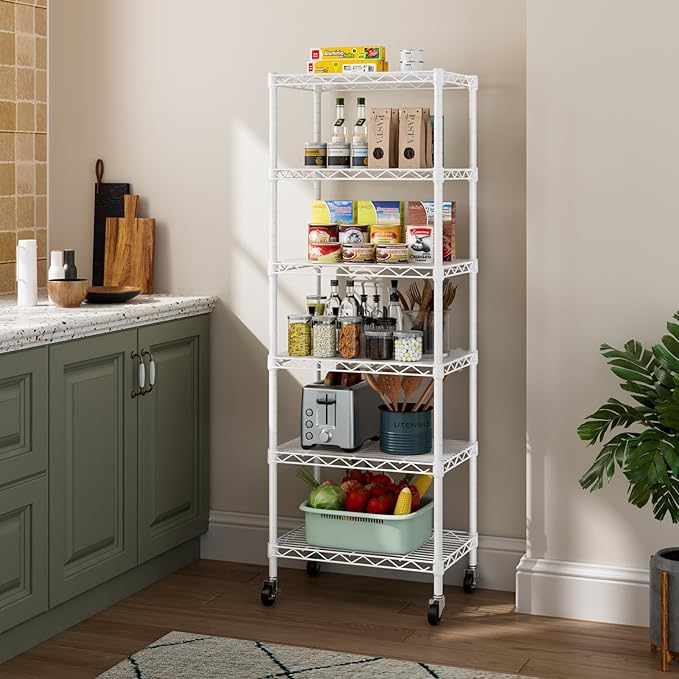 Small 6 Tier Shelves Storage Wire Shelving Unit Metal Shelf Adjustable Organizers Storage Shelving with Wheels for Bathroom Laundry Room Kitchen Pantry12”D x 18”W x 61.6”H White