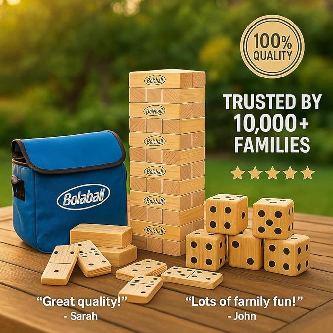 Outdoor Game Set Including 45 Giant Tumbling Blocks, 28 Giant Dominoes, and 6 Giant Dice, Giant Outdoor Games for Family Fun, Set of 3, Classic Block Giant Outdoor Game for Adults