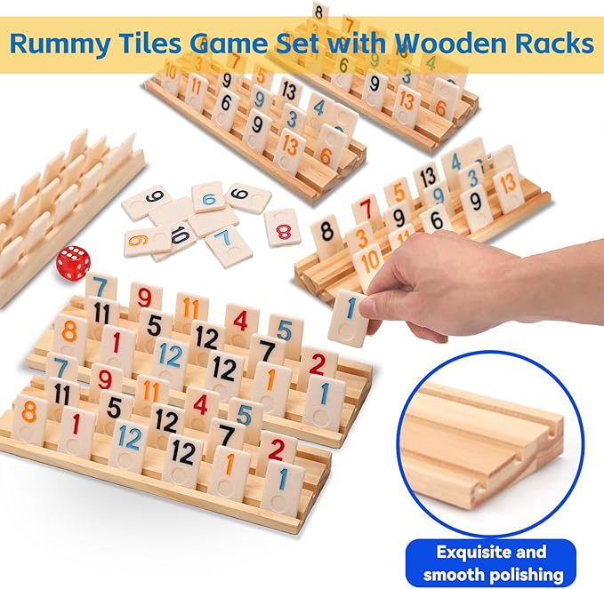 Upgraded Rummy Cube Game Set 6 Plays with 6 Wooden Racks & 162 Rummy Tiles | Portable Travel Case & Drawstring Bag & Beginner-Friendly Instruction | Family Board Game for Adults and Kids
