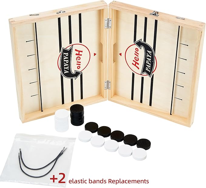 Foldable Fast Sling Puck Game with Chess Board and Checkers Board, Tic Tac Toe. Wooden Air Hockey Family Night,Table Games Gifts for Adults and Kids