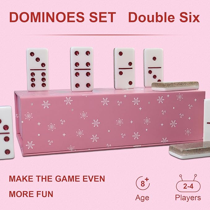 Dominoes Set for Adults, Double 6 Dominos Game Set with 28 Domino Tiles Double with Upscale Gift Boxes -7 Polyhedral Dice -Classic Board Games (Light Brown)