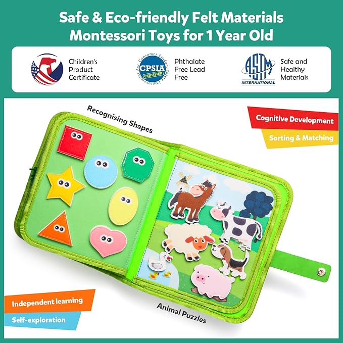 Busy Book for Toddlers 1-3 - Montessori Toys Busy Board for 1 Year Old Boy Girl Toys Educational Quiet Activity Books Learning Board Toddler Airplane Travel Toy Birthday Gift - Farm Animals