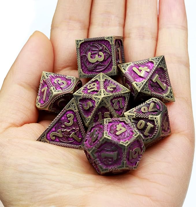 Haxtec Metal Dice Set Purple Black Dragon Pattern Metal DND Dice with Leather Dice Bag Polyhedral D&D Dice for Dungeons and Dragons TTRPG Gifts