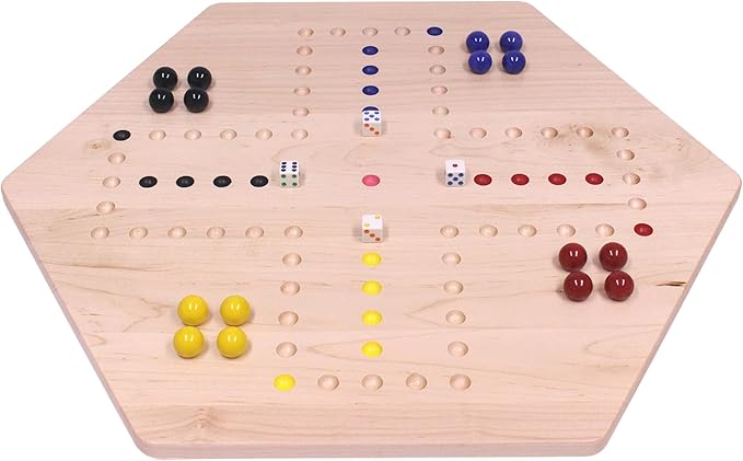 AmishToyBox.com Wahoo Wooden Marble Game Board Set - Large 24" Wide - Solid Maple Wood - Double-Sided - with Large 22mm Marbles and Dice Included