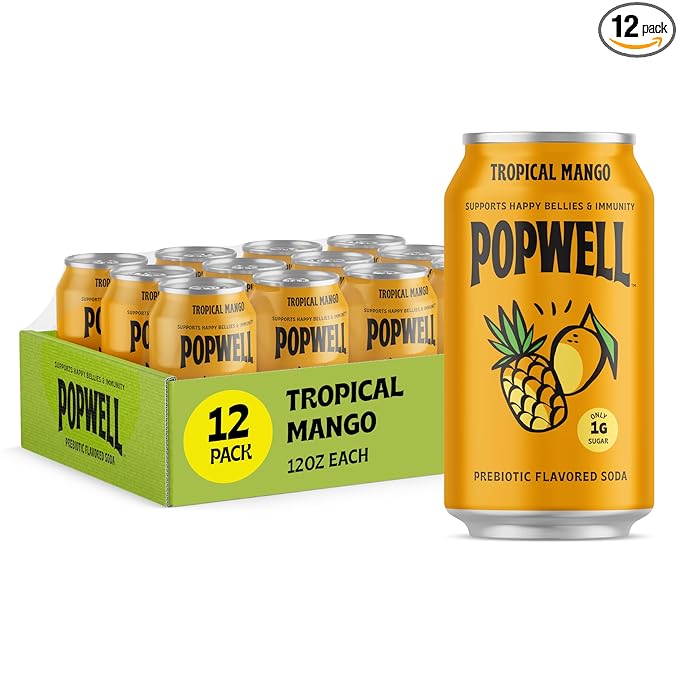 Popwell Tropical Mango Better-For-You Prebiotic Soda, with 6g Fiber, 1g Sugar, Vitamins and Immunity Support, 12 fl oz Cans (pack of 12)