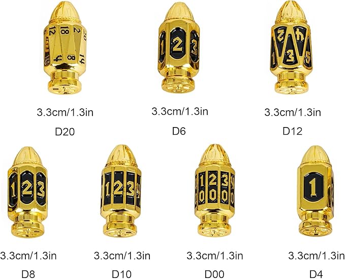 UDIXI Metal DND Dice Set with Unique Container, 7-Die Bullet RPG Dice Set for D&D, Role Playing Game or Other Tabletop Games（Golden Black）