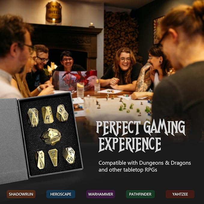 Metal Dice Set for DND, ZHOORQI 7 Pcs Polyhedral Dice, Perfect for Dungeons and Dragons, RPG Role Playing Games - Unique Cool Dice with Stonehenge Themed Design for Games Gifts（JS-Bronze）