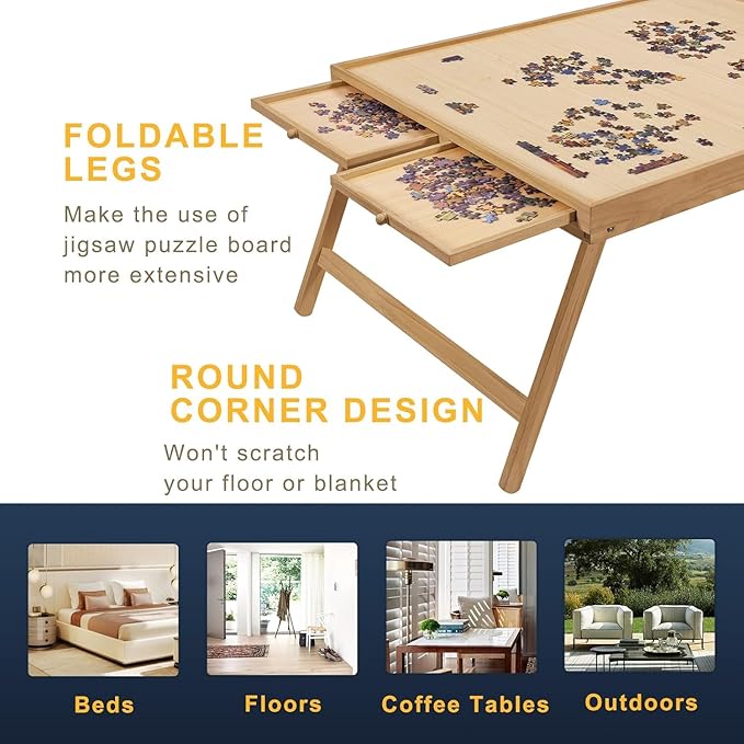 TEAKMAMA 2000 Piece Wooden Jigsaw Puzzle Board with 4 Drawers, Folding Puzzle Table with Protective Cover, Jigsaw Board with Legs, Multifunctional Game Table for Adults, 41.3W x 27.5D, Natural