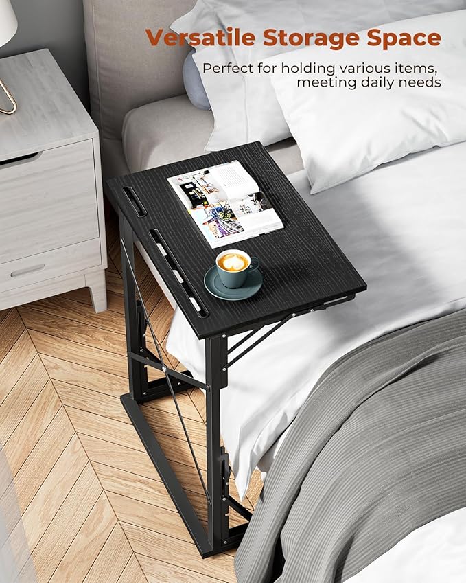 21''Wx28''H Folding TV Tray for Eating, Small Foldable C-Shaped Tray Table with Tablet and Phone Slots, Slide Under Couch Side Table for Recliner, Living Room, Bedroom, Black