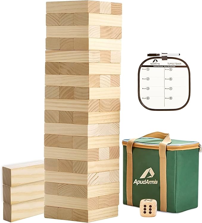 ApudArmis 54 PCS Tumble Timber Set [Stack to 3FT], Pine Wooden Tumble Tower Game with Dice and Scoreboard Set - Classic Block Stacking Board Game for Teens Children Teenagers