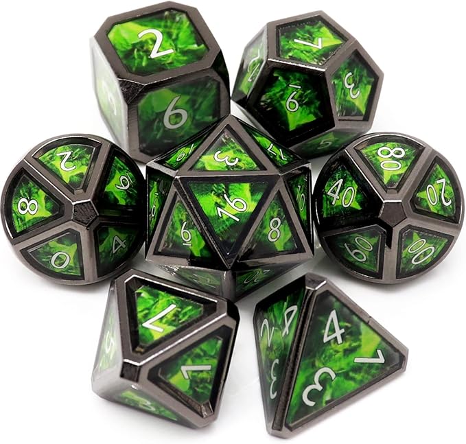 Haxtec Metal Dice Set D&D Acid Splash Real Scene Black Green Polyhedral DND Dice W/PU Leather Dragon Eye Dice Bag for TTRPG Dungeons and Dragons Gifts