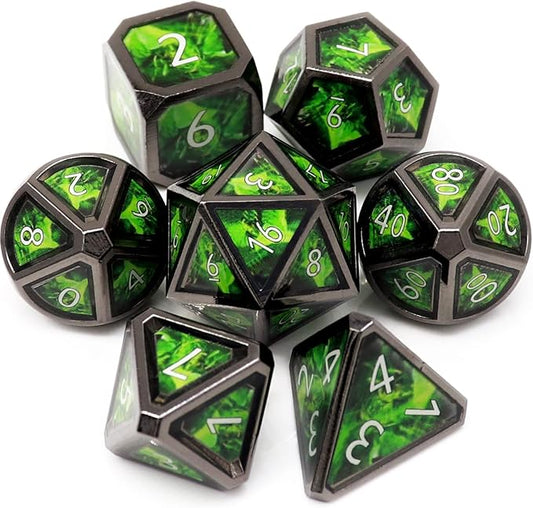 Haxtec Metal Dice Set D&D Acid Splash Real Scene Black Green Polyhedral DND Dice W/PU Leather Dragon Eye Dice Bag for TTRPG Dungeons and Dragons Gifts