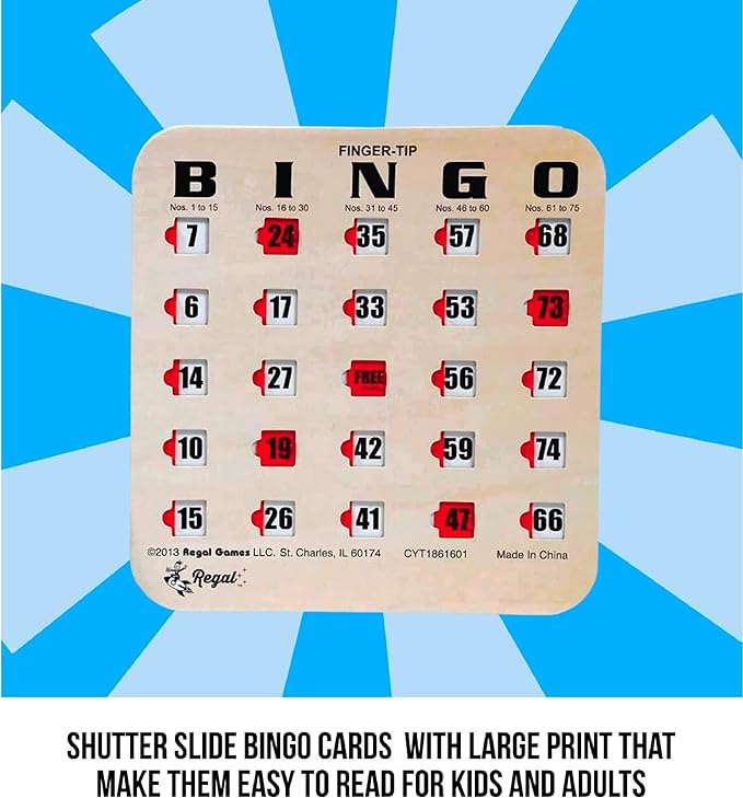 Regal Bingo Bulk Bingo Cards with Sliding Windows - Reusable Large Print Bingo Game Cards for Adults Large Group - 25 Pack, Woodgrain