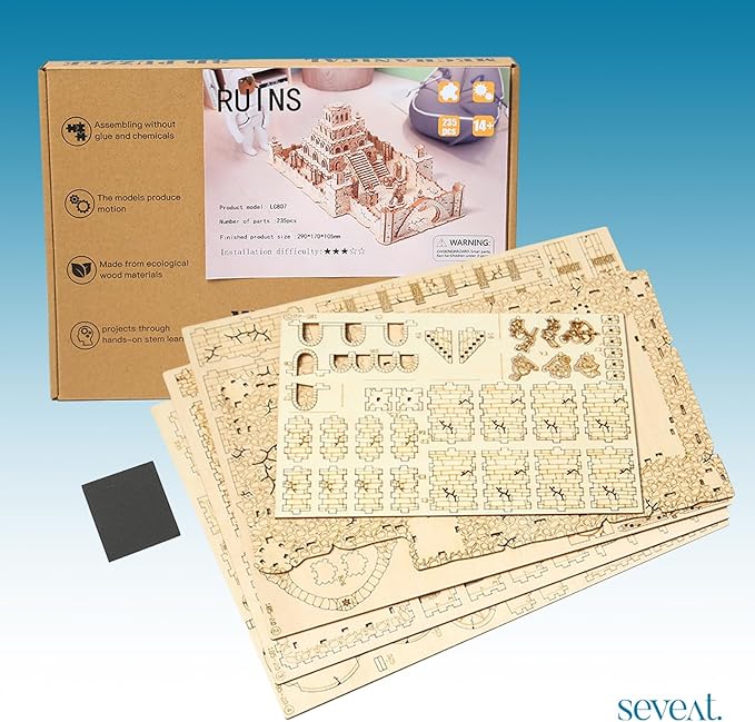 3D Puzzles for Adults & Teens – 235-Piece Wooden DIY Ancient Temple Ruins Wooden Model for Adults to Build, Brain-Teasing Puzzle Game for Any Occasion (Ruins)