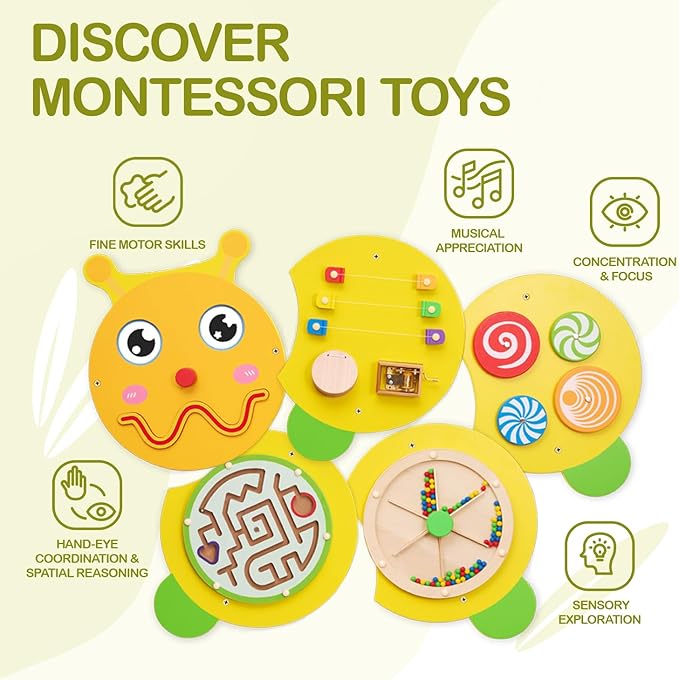 Monläurd® Caterpillar Montessori Busy Board,Sensory Board,Educational Toys,Activity Cube,Wall Toys,Daycare Furniture,Playroom Furniture,Interactive Toys,Wooden Toys,Learning Toys,Boys and Girls 6 M+
