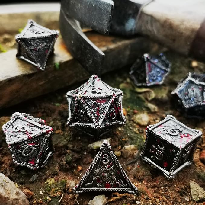 HAOMEJA Metal Dragon Dice Set DND 7 Set Dice Role Playing Dice D&D Dungeons and Dragons (Blood Silver)