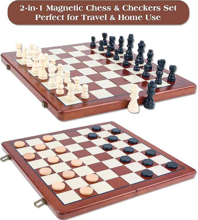 Magnetic Wooden Chess Set & Checkers Board Game - 15" Folding Chess Board, Portable Chess Set for Adults, Classic Wooden Chess Sets for Beginners