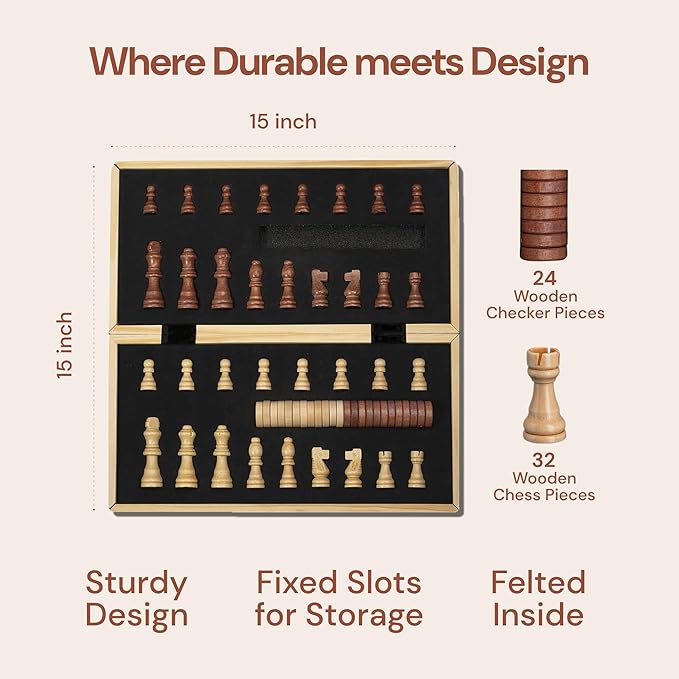 PlayVibe Wooden Chess Set 15'' & Checkers Board Games for All Players with 2 Extra Queens - Handmade Classic Wooden Chess Board, Portable & Folding Playtime Boards, Beginner & Professional Use