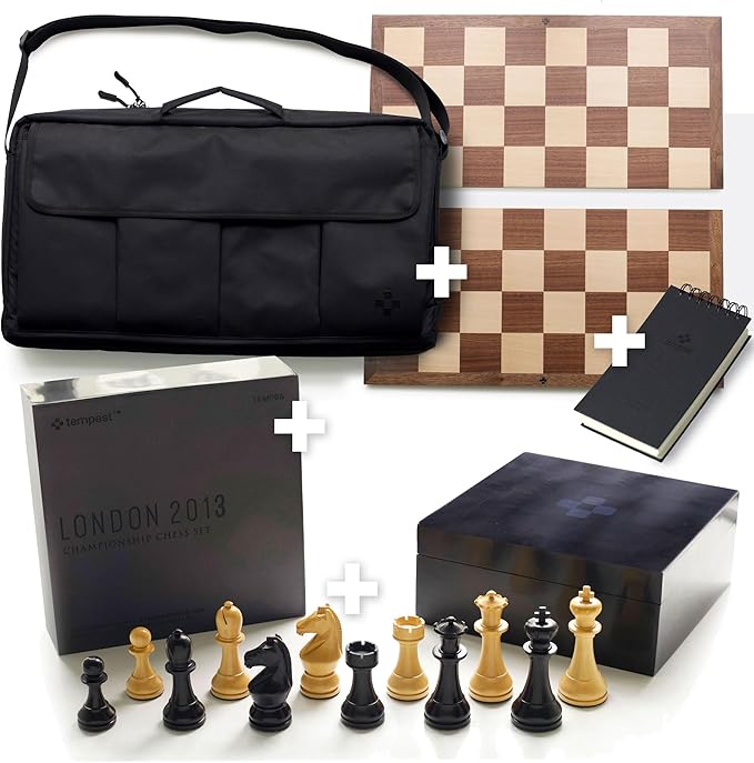 TEMPEST London 2013 Chess Ensemble (Without Clock) :: Wooden Chess Set + Hardwood Portable Chess Board + Weatherproof Carry-All Bag + Lacquer Storage Box + Scorebook
