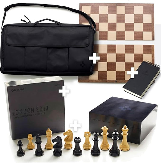 TEMPEST London 2013 Chess Ensemble (Without Clock) :: Wooden Chess Set + Hardwood Portable Chess Board + Weatherproof Carry-All Bag + Lacquer Storage Box + Scorebook