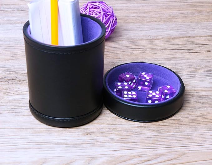 PU Leather Dice Cup with Lid, Purple Velvet Interior Quiet Dice Shaker Cup Including 6 Purple Translucent Dice for Liars Dice/ Farkle/ Yahtzee Games, 1 Pack