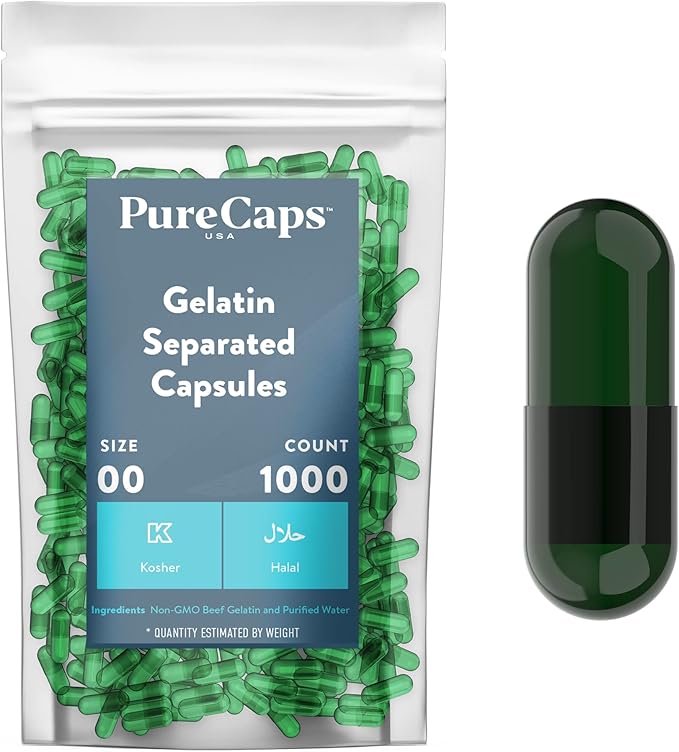 PureCaps USA - Empty Gelatin Pill Capsules Size 00| 1,000 Separated Pills| Chlorophyl Green Colored| Non-GMO Certified | SLS, Gluten, Preservative Free