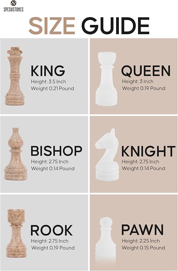 Marble Chess Set 15 Inch Travertine & White Checkers Board Game with Pieces, 2 Extra Queens and Storage Box, Strategy Set for Adults & Family, Travel, Tabletop Play