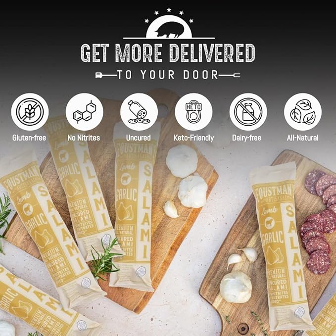 Foustman's Salami Garlic Lamb Artisanal, Nitrate-Free, Naturally Cured, Gluten-Free, Dairy-Free, No Pork, 8 Oz Sticks