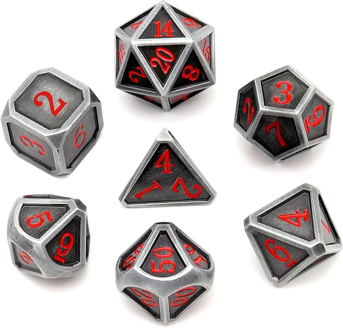 Haxtec Ancient Silver Metal DND Dice Set D&D 7PCS Large Rounded Antiue Iron RPG Dice Red Numbers for Dungeons and Dragons TTRPG Game Gifts',Standard size