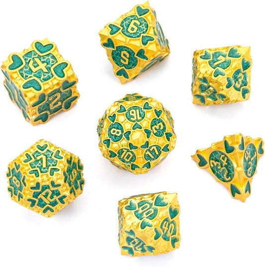 DND Metal Dice 7pcs D&D Dice Set with Beautiful Gift Box Suitable for Dungeons and Dragons MTR PRG Tabletop Games (Gold-Green)