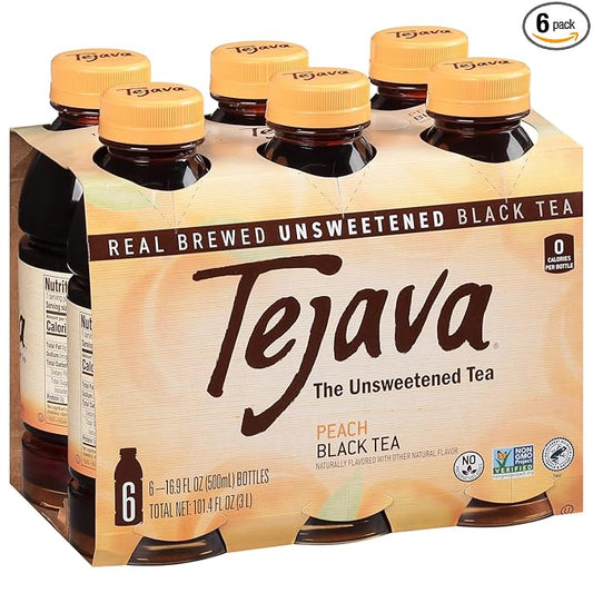 Tejava Peach Black Tea, 6 Pack 16.9 oz PET, Unsweetened, Ready-to-Drink Premium Iced Tea