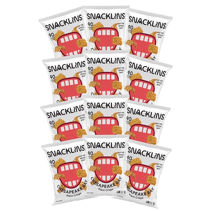 SNACKLINS Chesapeake Bay Plant-Based Crisps – Vegan, Gluten-Free, Grain-Free, Kosher, Healthy Low-Calorie Snack – Only 90 Calories Per Bag – 0.9oz Bags (Pack of 12)