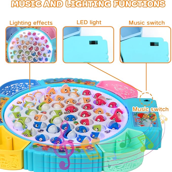 Magnetic Fishing Games Set - Educational Toddler & Kids Fishing Toys | 45 Fish, 8 Poles, Rotating Board with Music & LED | Ideal Go Fish Toy for Fun!