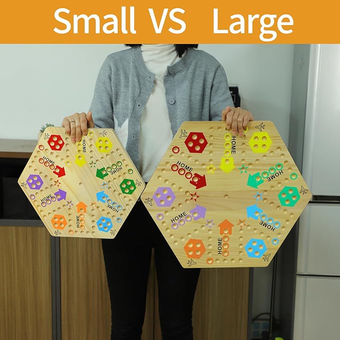 Large Size Original Marble Game Solid Wood 20 inch Wahoo Board Game Double Sided Painted Wooden Fast Track for 6 and 4 Players 6 Colors 24 Marbles 6 Dice for Family Friend