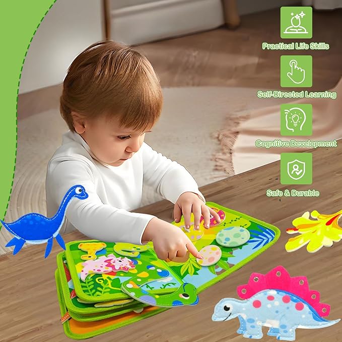Busy Book for Kids, Dinosaur Busy Board Toys for Toddlers 1-3, Montessori Preschool Learning Book Toy for Kids