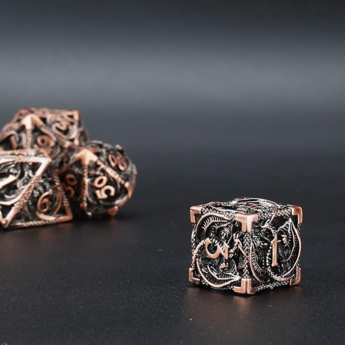 Hollow Metal DND Dice 7Pcs Set for Dungeons and Dragons RPG MTG Table Games D&D Pathfinder Shadowrun and Math Teaching,Large D4,D6,D8,D10,D12,D20 freaky multi sided Dice Set D and D Dice with Gift Box
