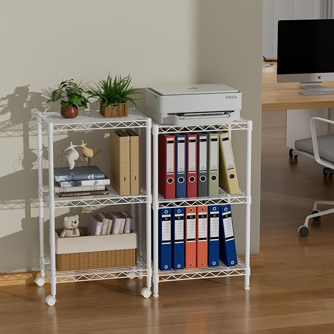 Small 3 Tier Shelves Storage Wire Shelving Unit Metal Shelf Adjustable Organizers Storage Shelving with Wheels for Bathroom Laundry Room Kitchen Pantry12”D x 18”W x 30.7”H White