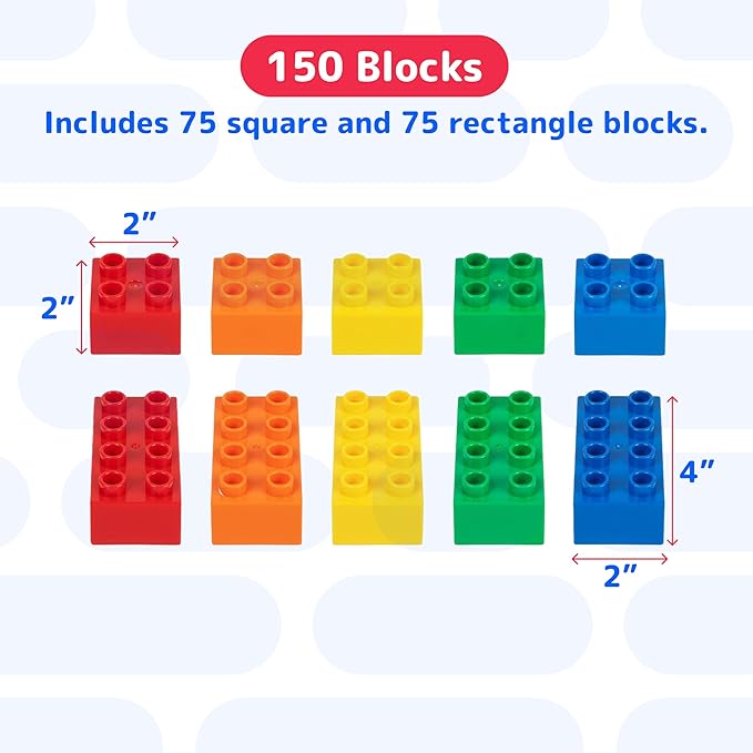 PREXTEX 150-Piece Building Blocks Set for Kids - 5-Color Building Bricks for Toddler Development, Creativity, and Motor Skills - Toys for Boys and Girls - Compatible with Major Brands