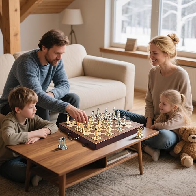 16.5" Large Wooden Chess Set with Weighted Acrylic Chess Pieces,Folding Chess Board Games with Handle 3.5" King Portable Classic Game for Adults and Kids