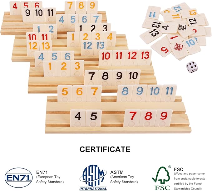 Rummy Tiles & Cube Game Set with 106 Large Number Tiles, 4 Wooden Racks & Dice - Family Board Game for Adults, Kids & Parties - Classic Tile Game for 2-4 Players, Great Gifts