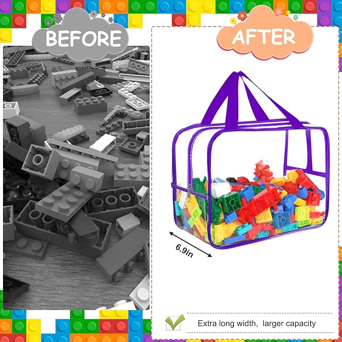 6 Colors Extra Large Toy Storage Bags 12.6×9.25×6.9In with Labels, Reusable Clear PVC Board Game Storage, Travel Waterproof Organizer Bags with Zipper for Building Blocks, Puzzle, Stuffed Animals