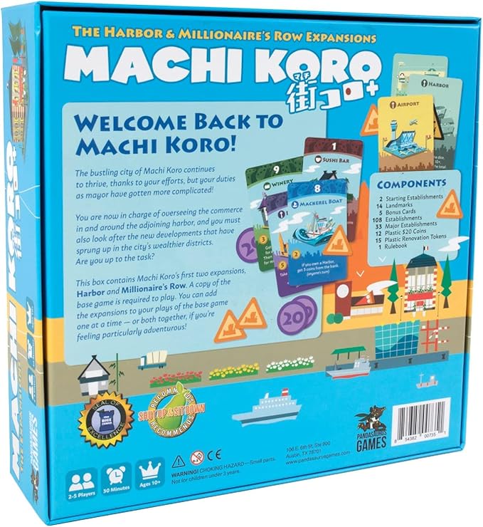 Pandasaurus Games Machi Koro THE EXPANSIONS - Harbor and Millionaire's Row Expansion Sets,Fast-Paced Dice Rolling Board Game for Kids and Adults,Ages 8+,2-5 Players,30-45 Min Playtime
